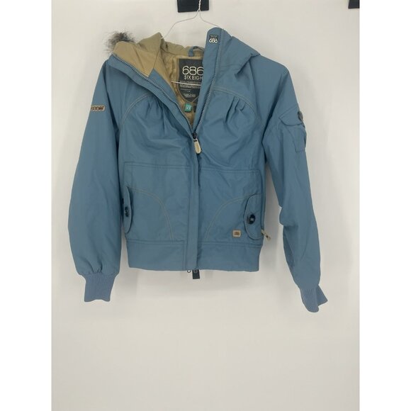686 Mannual Snowboard Jacket Full Zip Blue Fur Trim Hooded Beige Size Women's XS - Picture 1 of 9